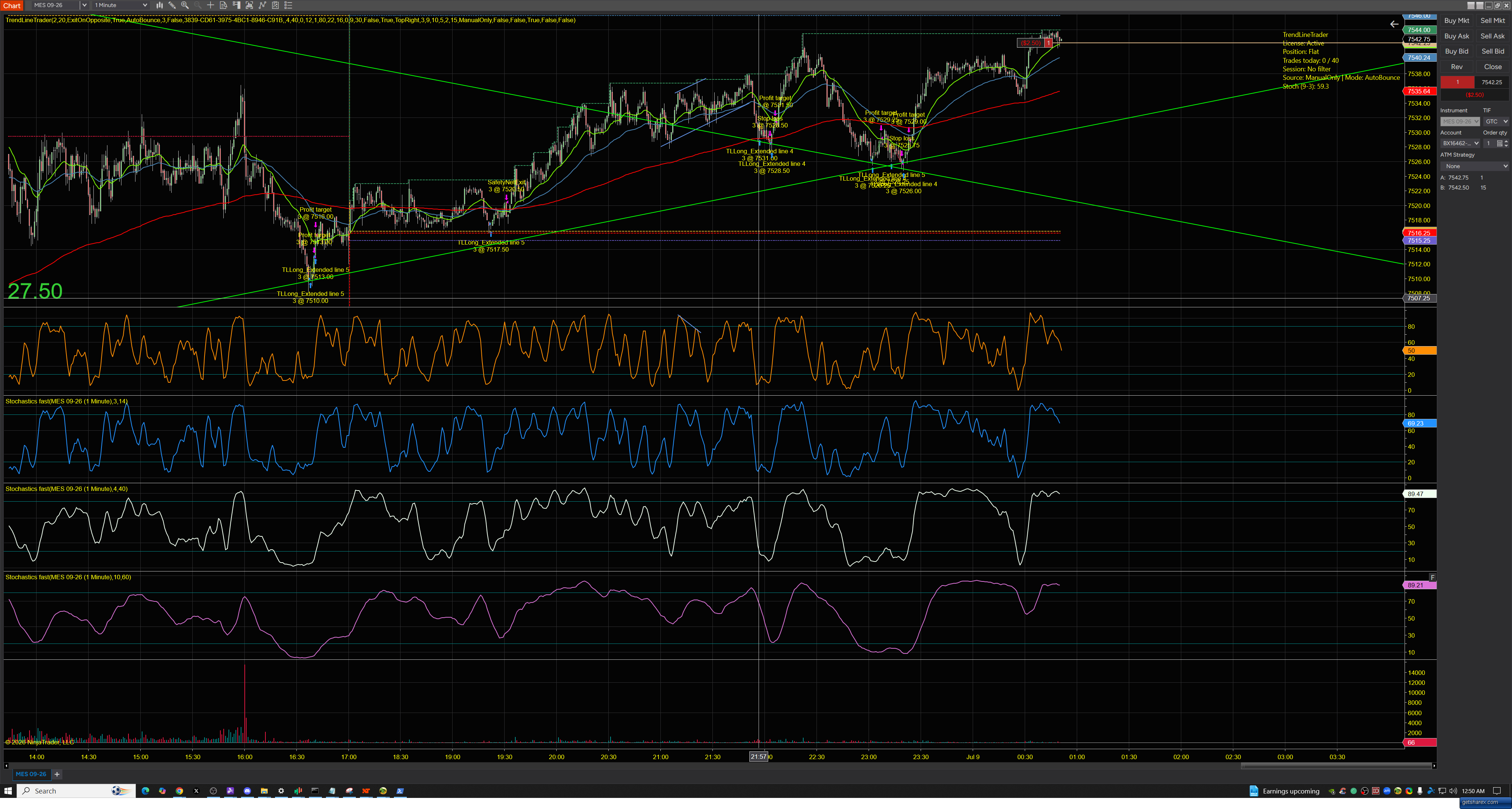 TrendLineTrader running live on a NinjaTrader 8 chart